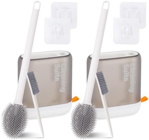 2 Pack Toilet Brushes and Holders Set, Toilet Bowl Brushes Cleaner & Holder for Bathroom, Extra Brush for Hard to Reach Areas, Space Saving Toilet Scrubber, Floor Standing/Wall Mounted