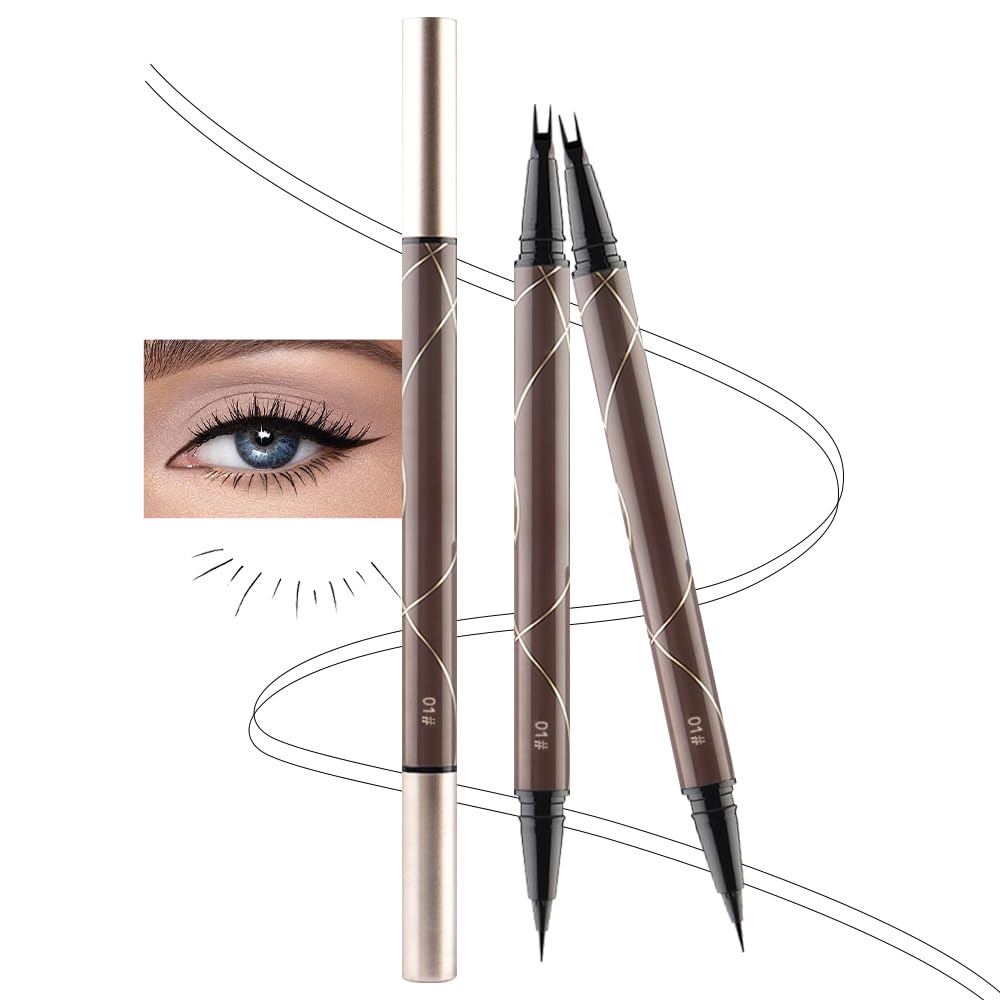 2Pcs Dual-Ended Eyeliner & Lower Eyelash Pencil,Multifunction Brow Lash Eye Makeup Pen,Longwear Smudge Proof Liquid Cat Eye Liner Stamp,delineador de ojos,Vegan cosmetics Waterproof,01 Black