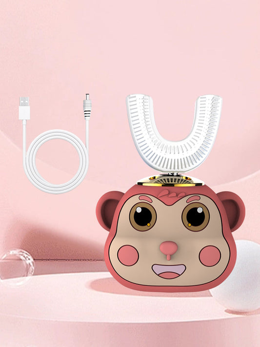 U-shape Children's Electric Toothbrush Model U1 (monkey Printed With 1 Brush Head), Rechargeable, Unisex For Kids Aged 3-14, Soft Bristles, Ipx7 Waterproof, White Simple Design, Care For Oral Health, Whiten Teeth, Sonic & Auto Mode Toothbrush, Smart