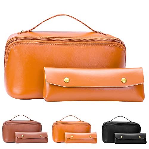 WIRIBEY Large Capacity Travel Cosmetic Bag, 2 Pack Makeup Bag, Portable Leather Large Cosmetic Bag, Peach loft large Capacity Makeup Bag for Girl Friend Wife Halloween Christmas Gifts, Light Brown
