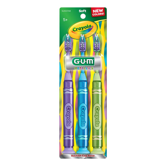 GUM Crayola Metallic Marker ChildrenÕs Toothbrush , Soft Bristled KidsÕ Toothbrush Set Age 5+ , Suction Cup Base , 3 Count