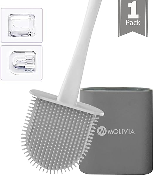 1 Pcs Gray Silicone Toilet Brush, Flexible Toilet Bowl Brush and Holder Set with Ventilated Slots, Compact Size Toilet Cleaner Brush for Bathroom, Floor Tiles & Standing- Wall Mounted Toilet Scrubber