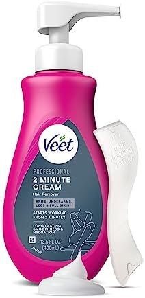 VEET Professional 2 Minute Hair Removal Cream For All Skin Types with Shea Butter | Effective Full Bikini Hair Removal, Pubic Hair Removal Gel | Dermatologically Tested | 13.5 FL OZ Bottle w/Spatula