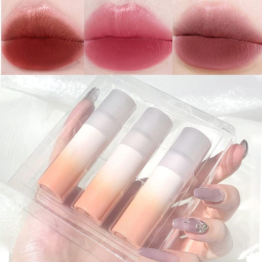 3 Colors Velvety Mousse Lipstick Lip Mud Set, Matte Velvet Lip Gloss Long-Lasting Waterproof Smooth Lip Tint Lip Stains Makeup Set with Gradient Gift Box | Mud Texture (B)