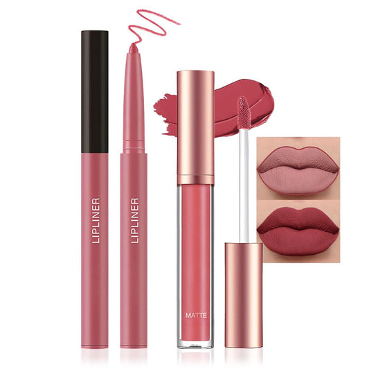 2Pcs Red Matte Liquid Lipstick and Lip Liner Makeup Set,Lip Gloss Lip Liner Long Lasting 24 hour Lipstick Waterproof and Smudge Proof for Women Lip Makeup,Lip Tint Lip Crayon Long Lasting