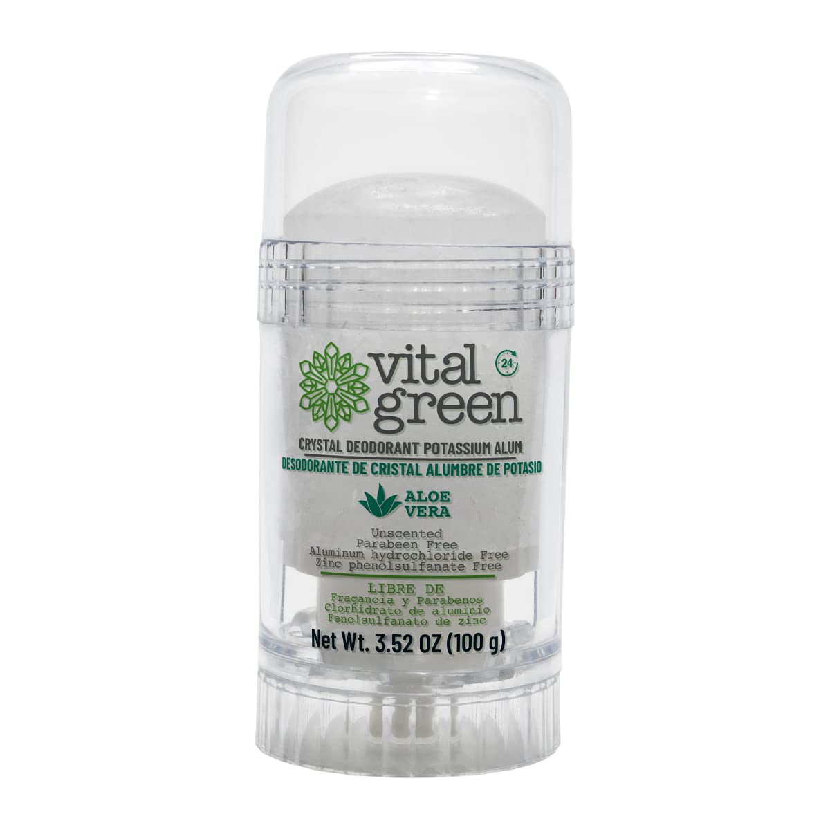 Vital Green Crystal Potassium Alum Deodorant with Aloe Vera – Unscented Mineral Deodorant for Sensitive Skin - 3.53 oz / 100 g (1 Unit)