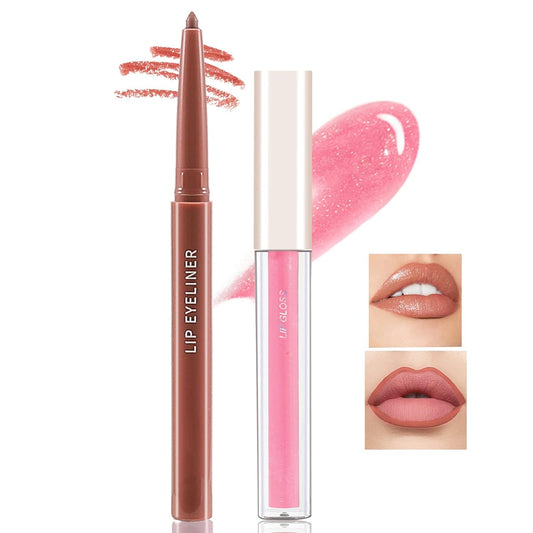 Boobeen Matte Lip Liner Pencil and Liquid Lipstick Set, Nude Dark Red Lip Makeup Long Lasting Waterproof Lipliner Pens & Plumper Lipgloss Velvet Lip Glaze Set Gift for Women and Girls