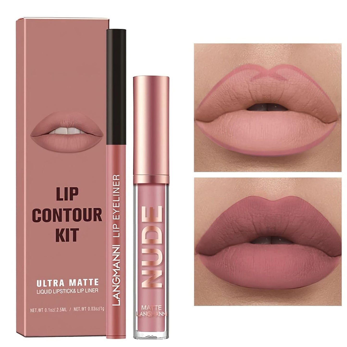2Pcs Matte Liquid Lipstick and Lip Liner Set, One Step Lips Makeup Kit, Non-Stick Cup Lip Gloss + Lip Liner Pen, High Pigmented, Waterproof, Long-Lasting, 01