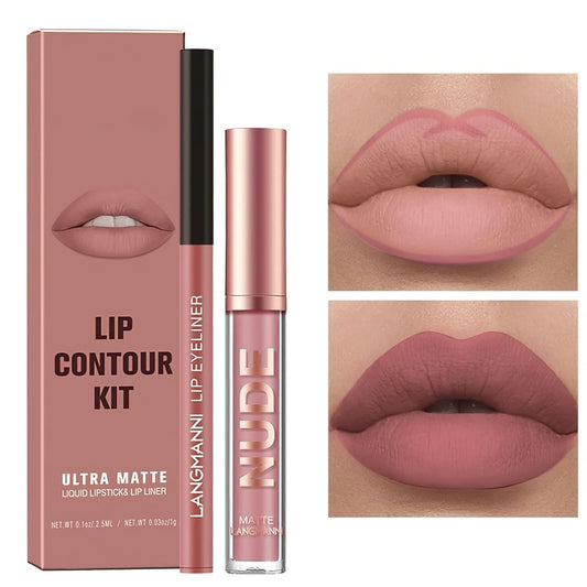 2Pcs Matte Liquid Lipstick and Lip Liner Set, One Step Lips Makeup Kit, Non-Stick Cup Lip Gloss + Lip Liner Pen, High Pigmented, Waterproof, Long-Lasting, 01