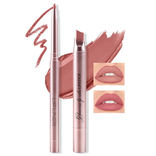 Boobeen Lipstick and Lip Liner Pencil Set, Matte Velvet Lip Gloss Lip Makeup Kit, 2Pcs Long Lasting Waterproof Lip Stain Lipliner Pen, Smooth Nude Lip Color Gift Set For Girls & Women