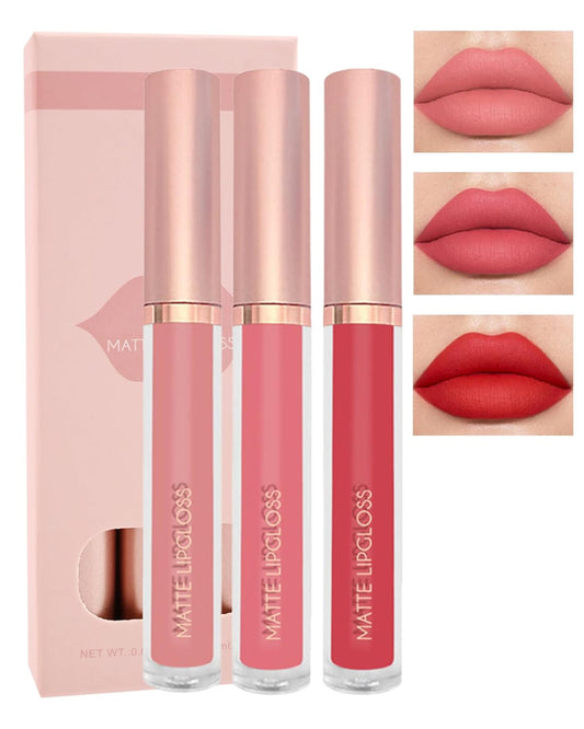 3Pcs Matte Liquid Lipstick Set, High Pigmented Lip Stain Tint, Long Lasting 24H Red Lipstick Waterproof Non-Stick Cup Velvet Lip Gloss, Smudge Proof Not Fade Lip Blam Makeup Gift Box for Women - SET B