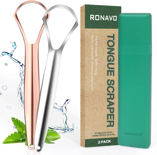 RONAVO Tongue Scraper for Adults, Two Colors Designed for Couples, Cure Bad Breath, Tongue Cleaners Stainless Steel, Metal Tongue Scrapers for Oral Care & Hygiene (2 Pack)
