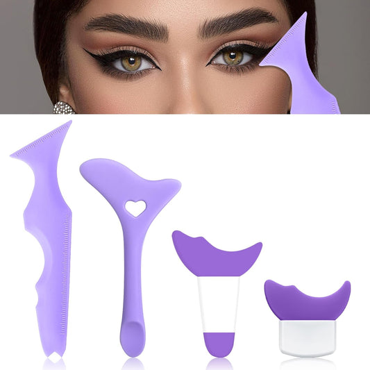 4Pcs Eyeliner Stencils Kit for Women - Reusable Silicone Eye Aid Makeup Tool for Perfect Winged Liner Cat Eyes Eyeshadow & Lipstick Application Ideal for Beginners & Professionals (Purple)
