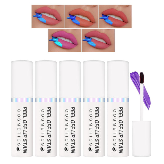 5Pcs Peel Off Lip Stain Lip Tint Set Matte Nude Liquid Lipstick Long-lasting Waterproof Lip Gloss Non-stick Cup Lip Tint Stain Lip Makeup for Women Girls