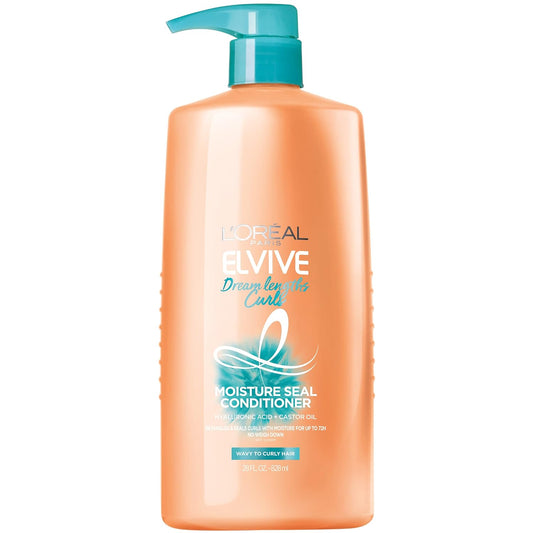 LÕOrŽal Paris Elvive Dream Lengths Curls Moisture Seal Conditioner, Paraben-Free with Hyaluronic Acid and Castor Oil. Best for wavy hair to curly hair, 28 fl oz