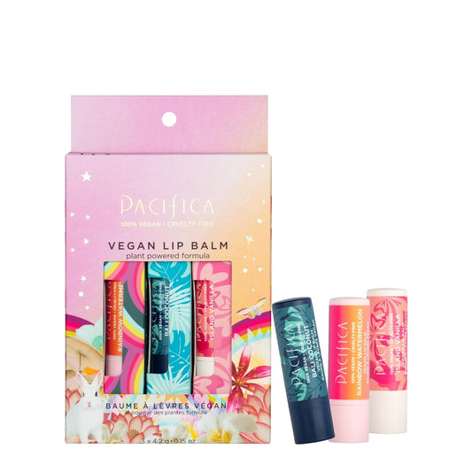 Pacifica Beauty, Vegan Lip Balm Trio, Coconut, Island Vanilla, Watermelon Flavor, Holiday Gift Set, Stocking Stuffer, Coconut Oil, Cocoa Butter, Vitamin E, Olive Oil, Vegan, 3 Count (Pack of 1)