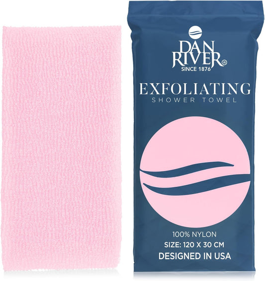 Dan River Exfoliating Towel - 100% Nylon Body Scrubber Rip-Resistant, Extra-Large 47x12 Inches I Perfect Shower Towel Washcloth, Ultimate Body Scrubber Exfoliator | All Skin Type| Pink