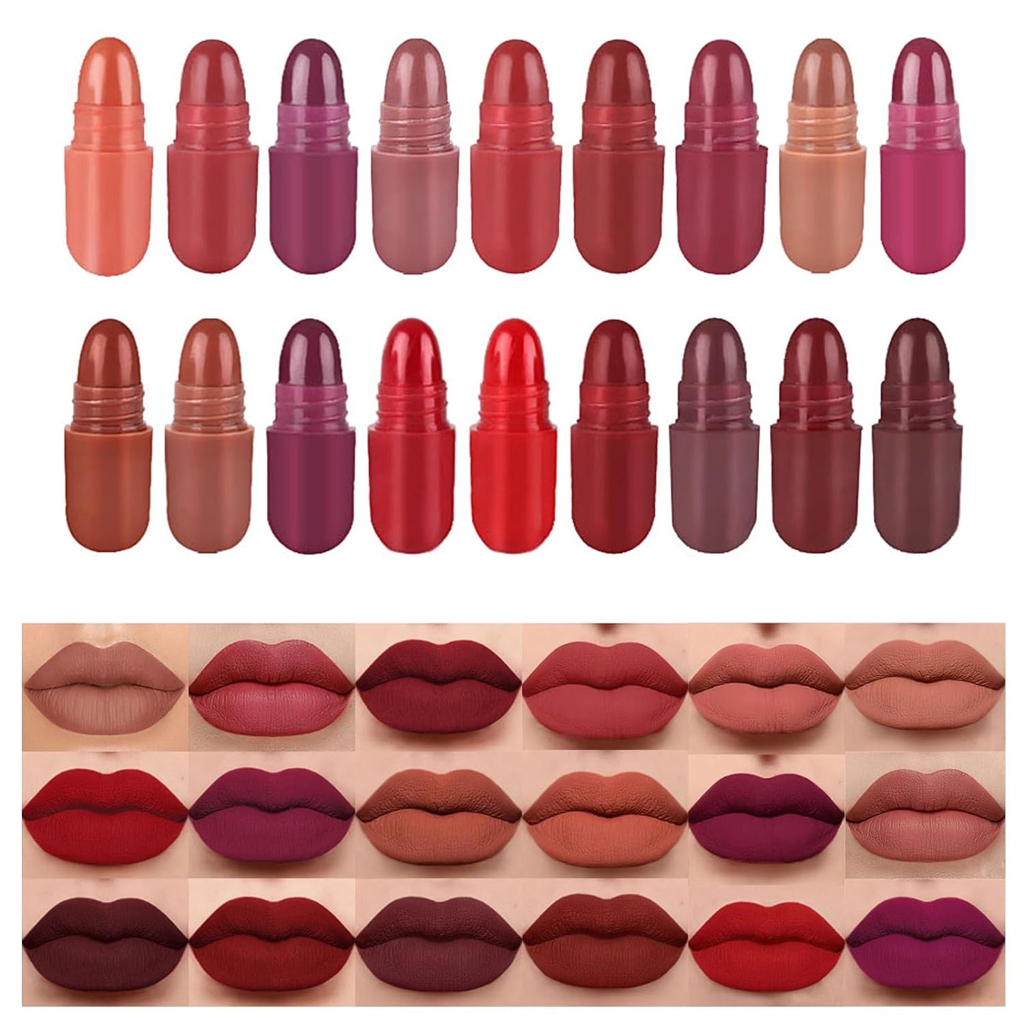 18 Colors Chocolate Mini Lipstick Set, 18pcs Colorful Capsule Matte Waterproof Long Lasting Moisturizing Nonstick Cup Not Easy to Fade, Lip Makeup Gift Set Gift for Girls and Women