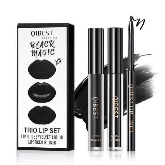 3 in 1 Black Lip Liner Pencil and Lipstick lipgloss Set Matte Black Lipstick Lip Gloss Kit Long-lasting Nonstick Cup Smudge Proof Lip Kits with Lip Liner,Velvet Goth Makeup (12#Black Magic)