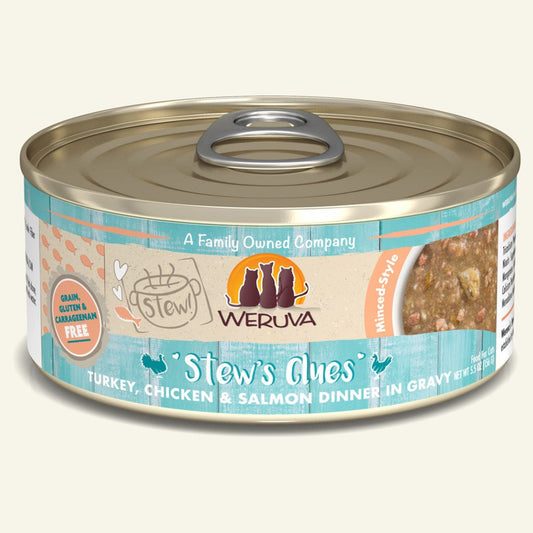 Weruva Cat Stews Clues Turkey; Chicken and Salmon Dinner in Gravy 5.5oz (Case Of 8)