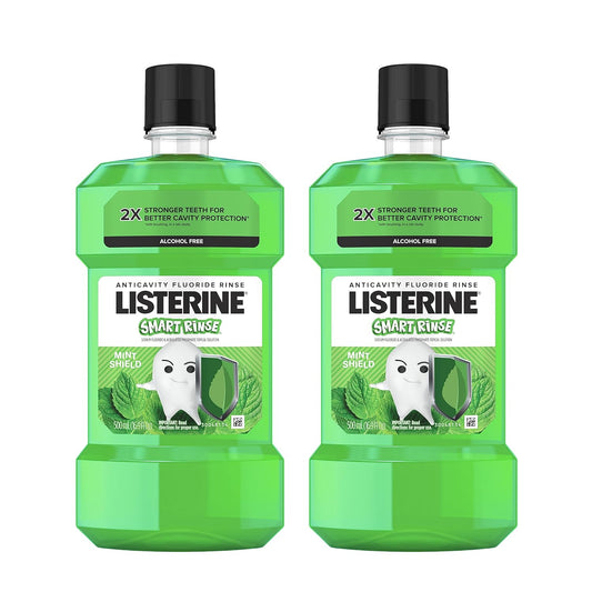 Listerine Alcohol-Free Kids Mouthwash, ADA Accepted with Sodium Fluoride for Cavity Protection, Mint Shield Flavor, 2 x 500 mL