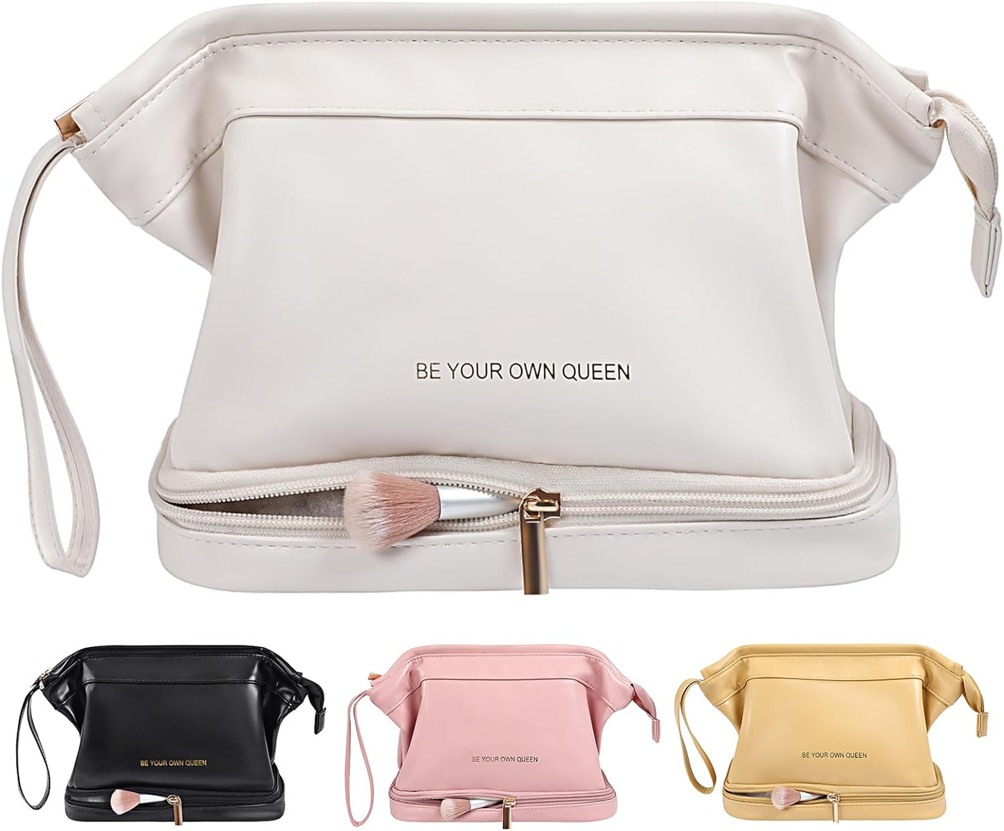 TOBEHIGHER Makeup Bag - Double Layer Travel Make up Bag, Travel Essentials Portable Leather Cosmetic Bag, Washable Waterproof Makeup Organizer Bag, White