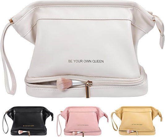 TOBEHIGHER Makeup Bag - Double Layer Travel Make up Bag, Travel Essentials Portable Leather Cosmetic Bag, Washable Waterproof Makeup Organizer Bag, White