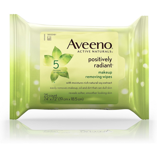 Aveeno - Active Naturals Positively Radiant Make-Up Removing Wipes with Moisture Rich Natural Soy Extract | 25 Wipes